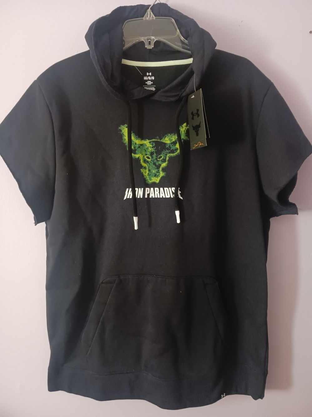 New Under Armour Project Rock Black Short-Sleeve Hoodie with Neon Green Graphic